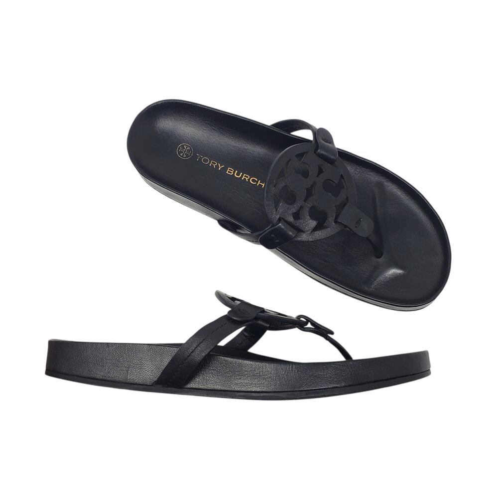 Tory Burch Miller Cloud Thong Sandals Perfect Black Calf Leather Logo Size 9.5 M